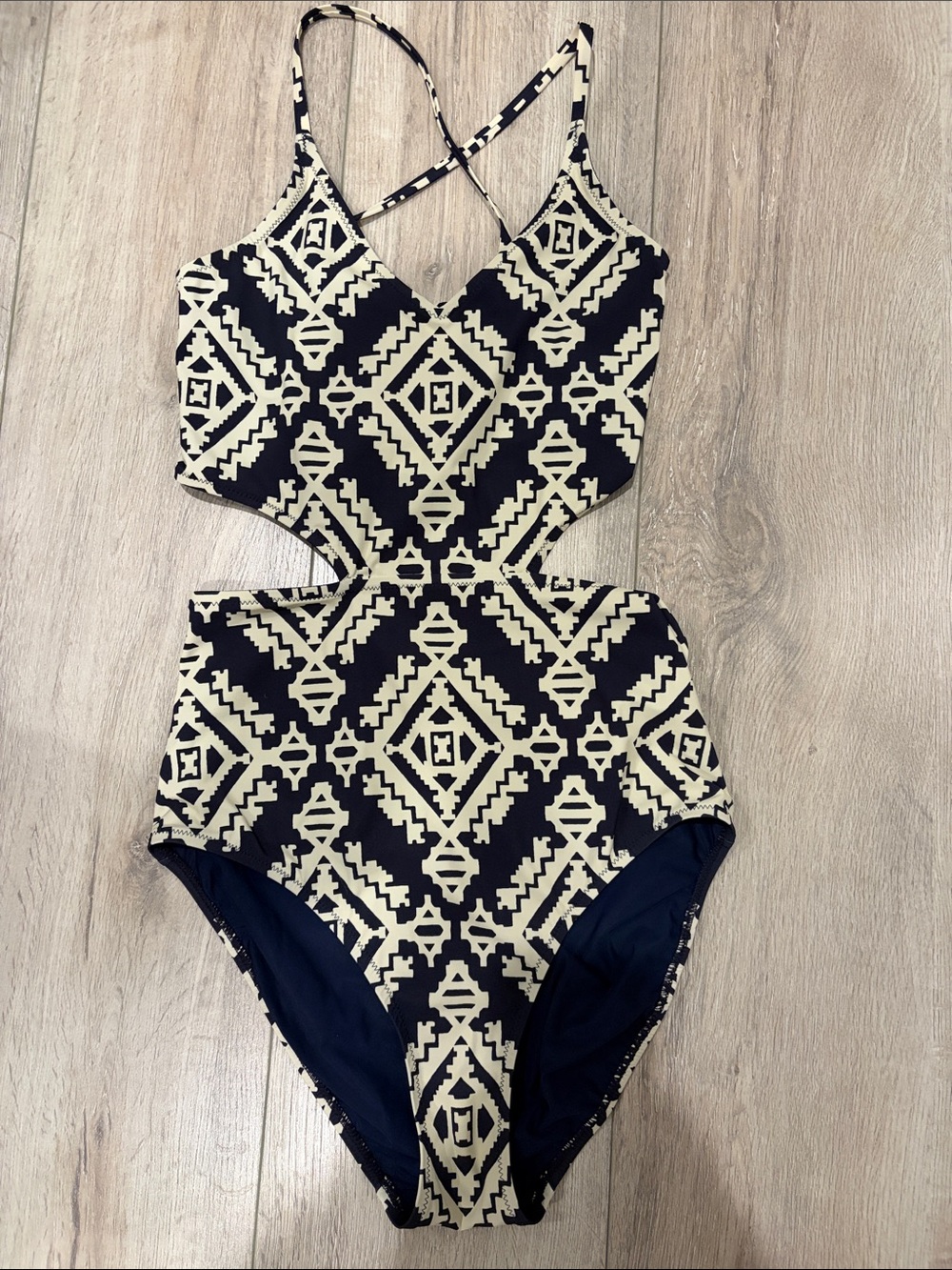 Tory Burch Black and Cream Geometric Cutout One-Piece Swimsuit